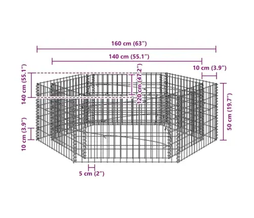 Gabions, Augstā Puķu Kaste, 160X140X50 Cm, Sešstūrveida Vidaxl