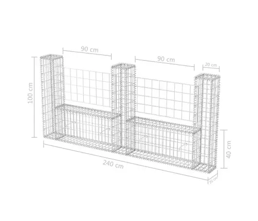 Gabions, U-Forma, Cinkots Tērauds, 240X20X100 Cm Vidaxl