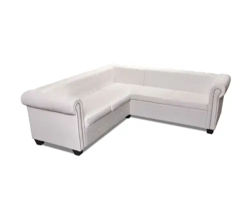 Piecvietīgs Chesterfield Stūra Dīvāns, Balta Mākslīgā Āda  Vidaxl