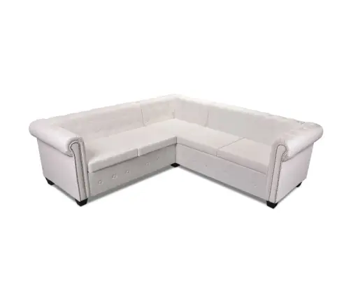 Piecvietīgs Chesterfield Stūra Dīvāns, Balta Mākslīgā Āda  Vidaxl