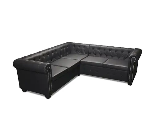Chesterfield Penkiavietė Kampinė Sofa, Juoda, Dirbtinė Oda