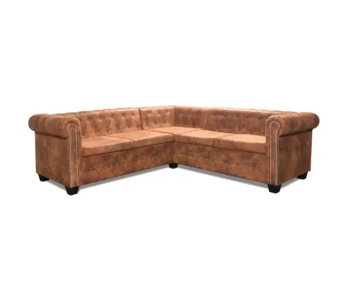 Chesterfield Penkiavietė Kampinė Sofa, Dirbtinė Oda, Ruda