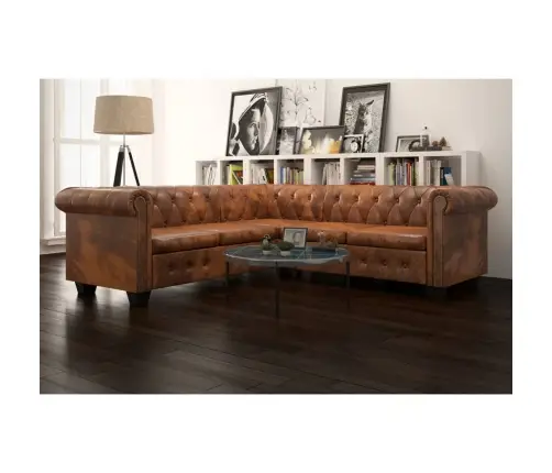 Chesterfield Penkiavietė Kampinė Sofa, Dirbtinė Oda, Ruda