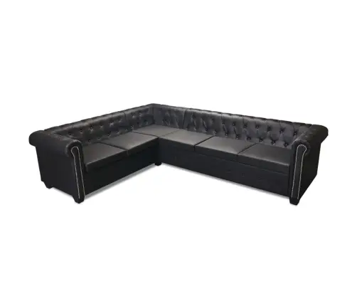 Sešvietīgs Chesterfield Dīvāns, Melna Mākslīgā Āda    Vidaxl