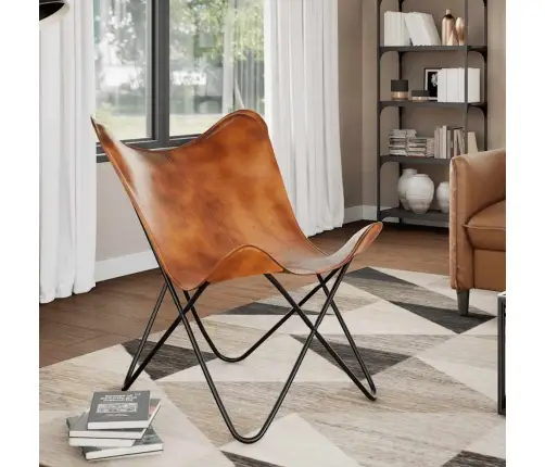 Tauriņa Formas Krēsls, Brūna Dabīgā Āda  Vidaxl