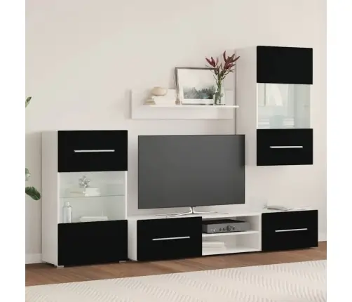 Tv Sekcija, Sienas Plaukti, 5 Gab., Ar Led Gaismām, Melni Vidaxl