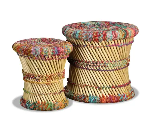 Taburetes, 2 Gab., Krāsainas Auduma Detaļas, Bambuss Vidaxl