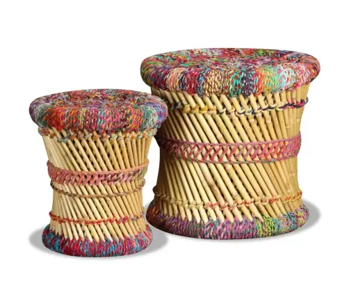 Taburetes, 2 Gab., Krāsainas Auduma Detaļas, Bambuss Vidaxl