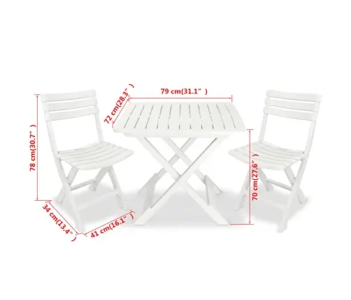 3-Daļīgs Bistro Mēbeļu Komplekts, Saliekams, Plastmasa, Balts Vidaxl