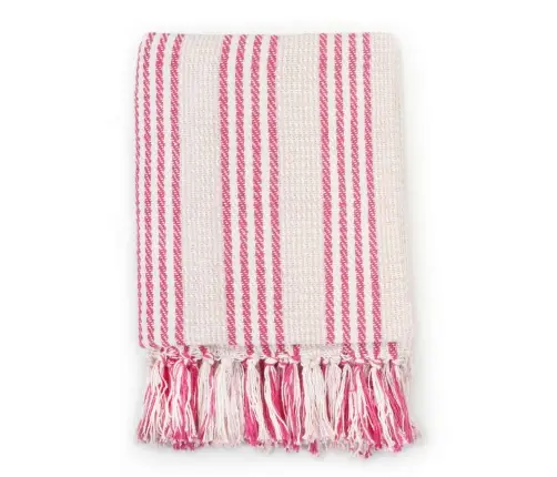 Pleds, 160X210 Cm, Kokvilna, Svītrains, Rozā Ar Baltu Vidaxl