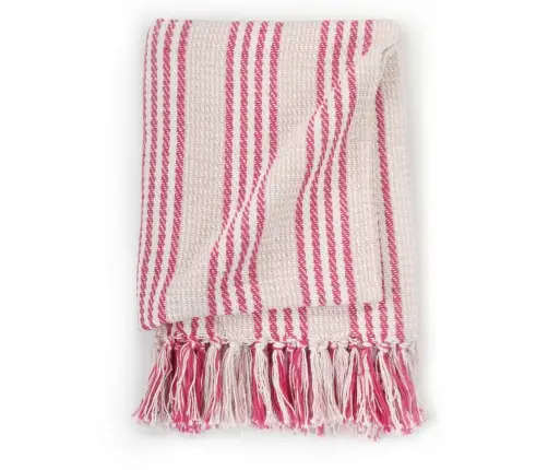 Pleds, 160X210 Cm, Kokvilna, Svītrains, Rozā Ar Baltu Vidaxl