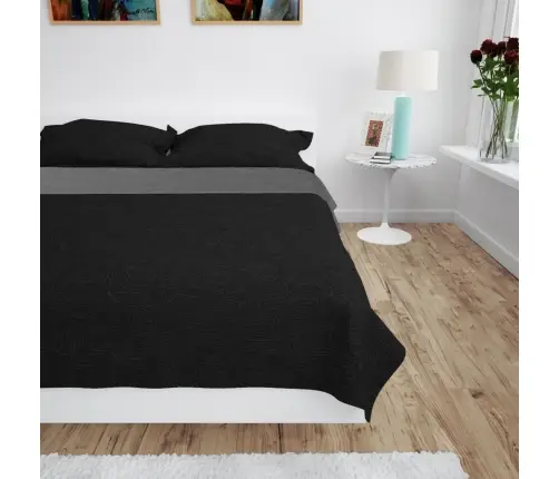 Gultas Pārklājs, 170X210 Cm, Divpusējs, Stepēts, Pelēks, Melns Vidaxl