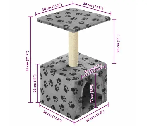 Kaķu Māja, Stabs Nagu Asināšanai, 55 Cm, Pelēka Ar Ķepu Apdruku Vidaxl