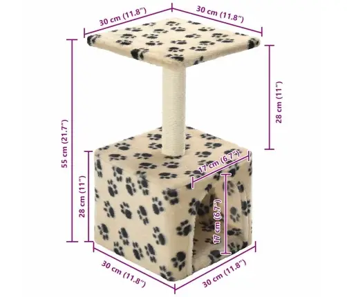 Kaķu Māja, Stabs Nagu Asināšanai, 55 Cm, Bēša Ar Ķepu Apdruku Vidaxl