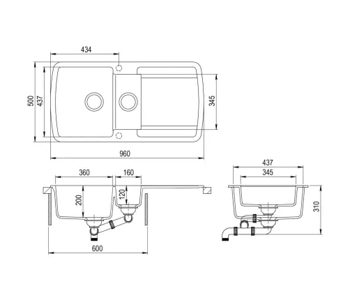 Virtuves Izlietne, Divas Bļodas, Melna, Granīts  Vidaxl