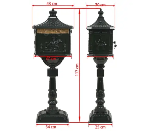 Pastkaste Uz Pjedestāla, Retro Stils, Nerūsējošs Alumīnijs, Zaļa Vidaxl