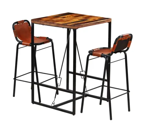 Trīsdaļīgs Bāra Mēbeļu Komplekts, Pārstrādāts Masīvkoks, Āda Vidaxl