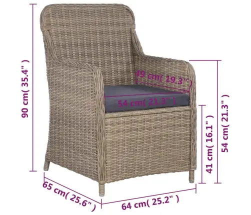 3-Osaline Aiamööblikomplekt Patjadega, Polürotang, Pruun