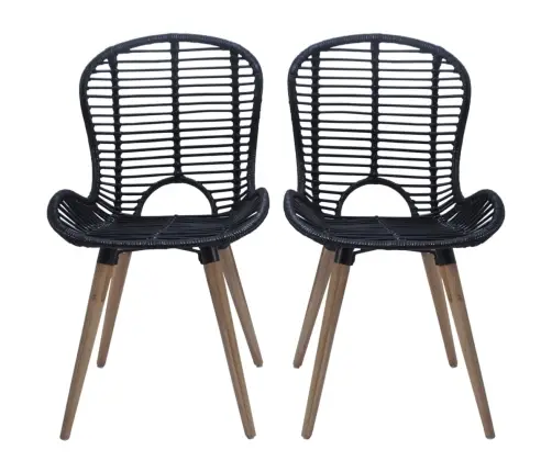 Valgomojo Kėdės, 2Vnt., Juodos, Natūralus Ratanas