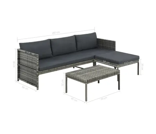 3-Daļīgs Dārza Atpūtas Mēbeļu Komplekts Ar Matračiem, Pelēks Pe Vidaxl