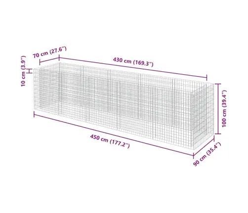 Gabions, Augstā Puķu Kaste, Cinkots Tērauds, 450X90X100 Cm Vidaxl