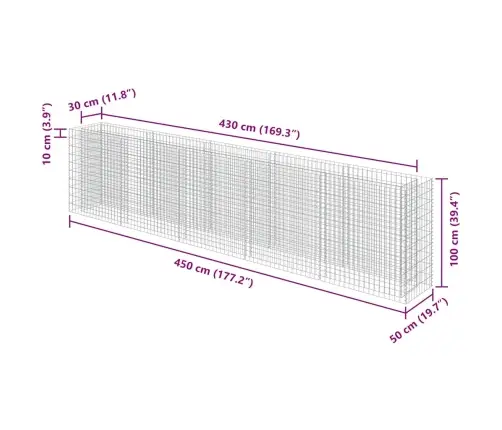 Gabions, Augstā Puķu Kaste, Cinkots Tērauds, 450X50X100 Cm Vidaxl