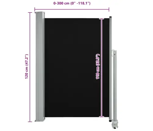 Ištraukiama Šoninė Kiemo Pertvara, Juodos Spalvos, 120X300Cm Ištraukiama Šoninė Kiemo Pertvara, Juodos Spalvos, 120X300Cm