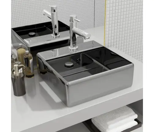 Izlietne Ar Noteci, 41X41X15 Cm, Keramika, Sudraba Krāsa Vidaxl