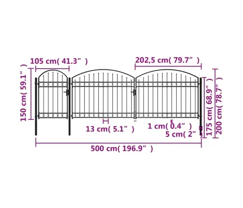 Dārza Vārti Ar Arkveida Formu, Melni, 2X5 M, Tērauds Vidaxl