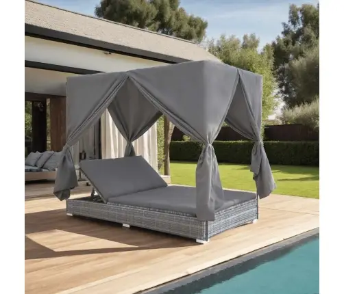 Dārza Atpūtas Gulta Ar Aizkariem, Pelēka Pe Rotangpalma Vidaxl