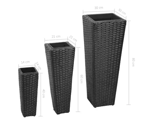 Sodo Vazonai, 3Vnt., Juodi, Poliratanas, Aukšti