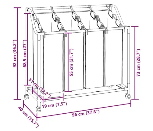 Veļas Grozs Ar 4 Nodalījumiem Melns Ar Pelēku