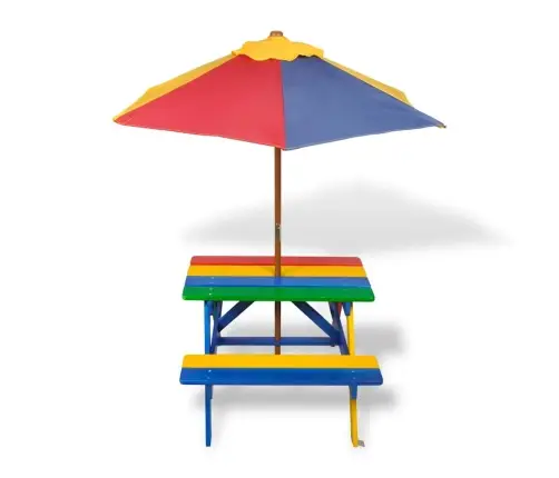 Laste Piknikulaud Pinkide Ja Päevavarjuga, Mitmevärviline Laste Piknikulaud Pinkide Ja Päevavarjuga, Mitmevärviline