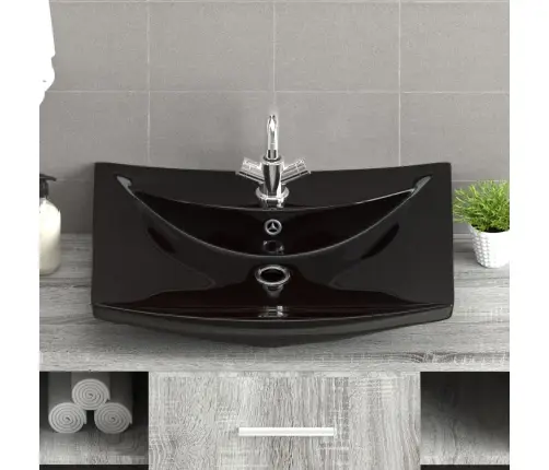 Melna Keramikas Izlietne, Taisnstūra Forma, Ar Noteci Un Krāna Atveri