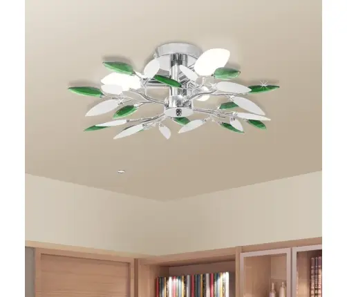 Griestu Lampa Ar Baltām Un Zaļām Akrila Kristāla Lapām E14