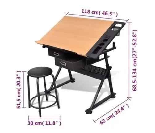 Braižymo Stalas Su Stalčiais, Pakeliamu Stalviršiu Ir Kėdute