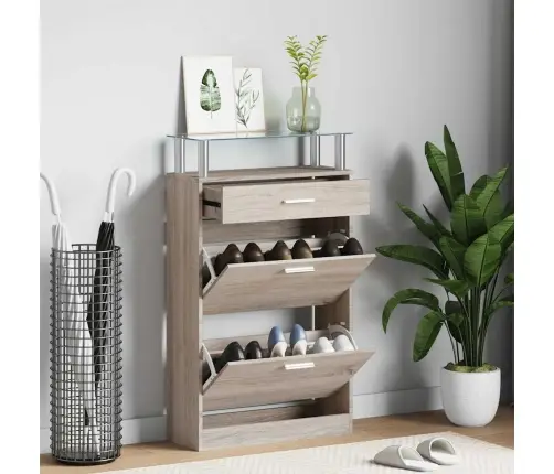 Apavu Plaukts Ar Atvilktni Un Stikla Plauktu, Ozolkoka Krāsa Vidaxl