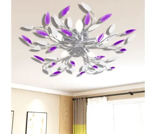 Griestu Lampa Ar Akrila Kristālu Lapām 5 E14 Spuldzēm, Violeta, Balta