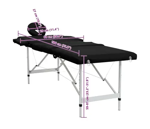 Masāžas Galds, Saliekams, 4 Daļas, Alumīnija Rāmis, Melns Vidaxl