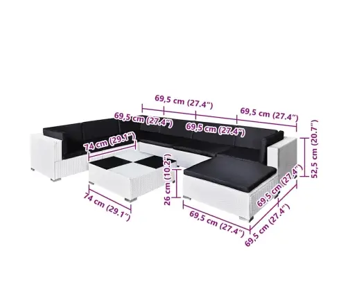 8-Osaline Aiamööblikomplekt Patjadega, Polürotang, Valge