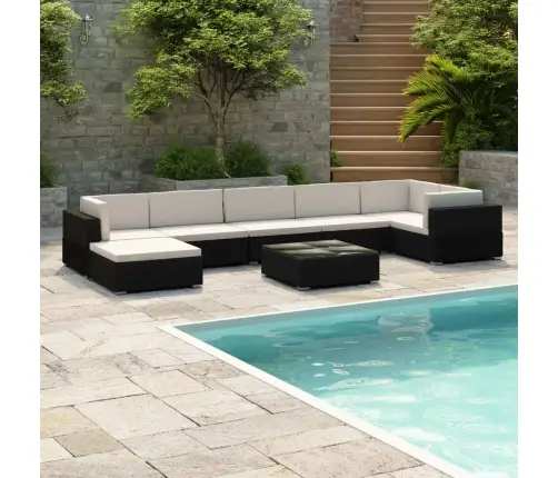 8-Osaline Aiamööblikomplekt Patjadega, Polürotang, Must