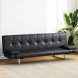 Sofa Lova Su Dviem Pagalv., Dirbtinė Oda, Reguliuoj., Juoda Sofa Lova Su Dviem Pagalv., Dirbtinė Oda, Reguliuoj., Juoda