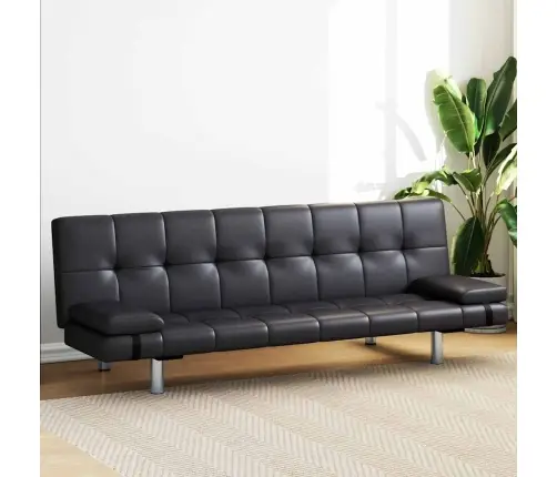 Izvelkams Dīvāns Ar 2 Spilveniem, Regulējams,Melna Mākslīgā Āda   Vidaxl