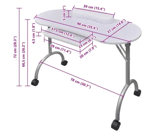 Kokkupandav Maniküürilaud Ratastel Valge