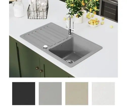 Granīta Virtuves Izlietne Ar Padziļinājumu Un Vietu Žāvēšanai, Pelēka