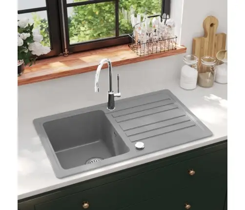 Granīta Virtuves Izlietne Ar Padziļinājumu Un Vietu Žāvēšanai, Pelēka