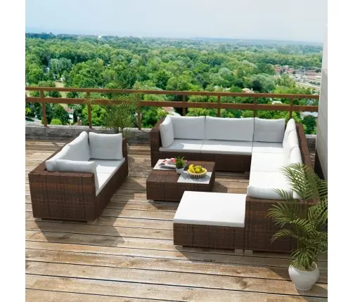 10-Daļīgs Dārza Atpūtas Mēbeļu Komplekts Ar Matračiem, Brūns Pe Vidaxl