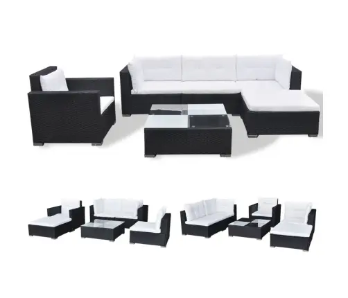 6-Osaline Aiamööblikomplekt Patjadega, Polürotang, Must