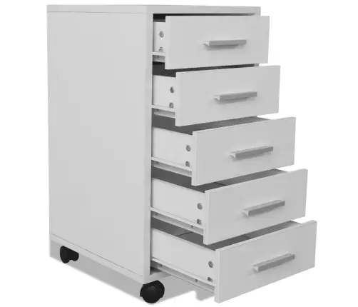 Biroja Skapis Ar 5 Atvilktnēm Un Riteņiem, Balts Vidaxl