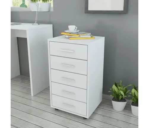 Biroja Skapis Ar 5 Atvilktnēm Un Riteņiem, Balts Vidaxl